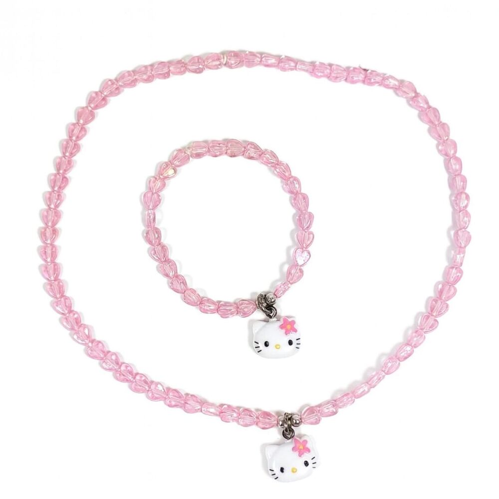 Hello Kitty 15" Necklace 6.5" Bracelet Set Pink Beads Kids Girls Jewelry Gift